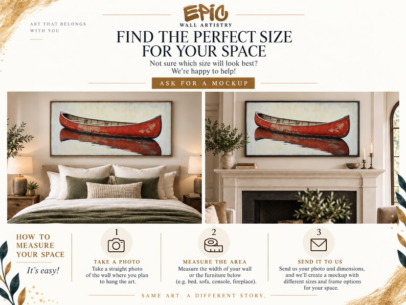 The image is an advertisement for wall art, featuring a large red canoe on a wall with a fireplace below it. The ad provides instructions for finding the perfect size of wall art for a space, including taking a photo, measuring the area, creating a mock-up, and sending it to the artist.