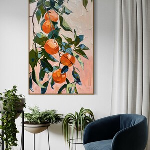 Vibrant mandarins dangle amidst lush foliage in this abstract painting, where bold strokes and vivid colors capture the essence of nature’s sweetness.