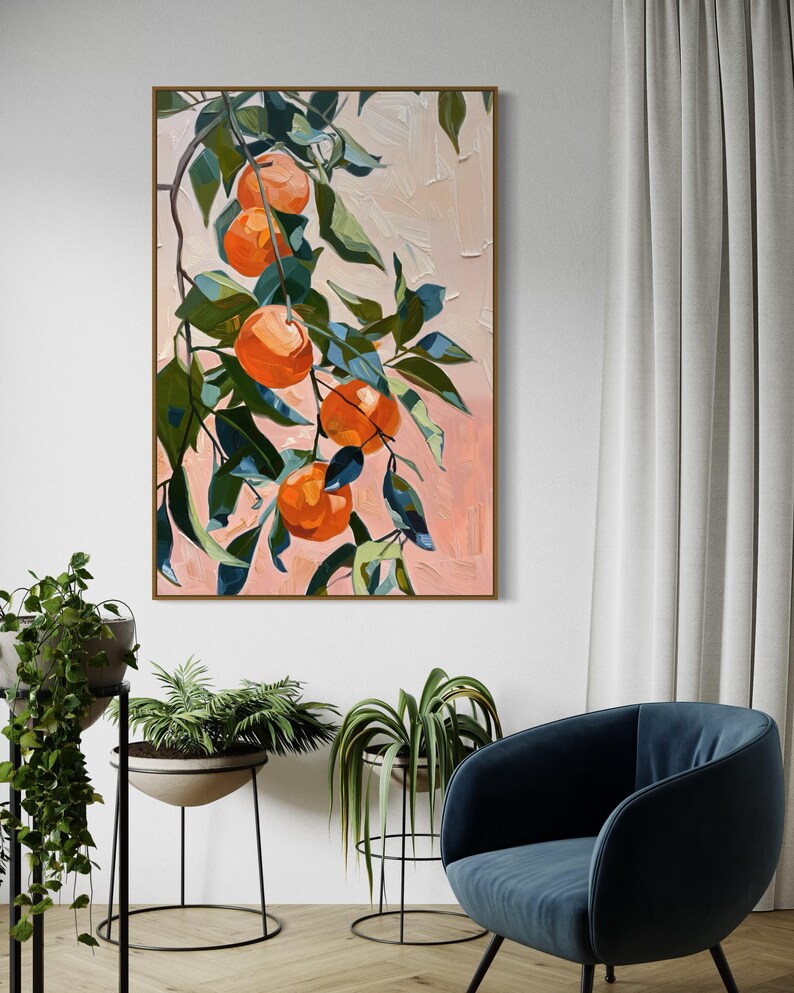 Vibrant mandarins dangle amidst lush foliage in this abstract painting, where bold strokes and vivid colors capture the essence of nature’s sweetness.