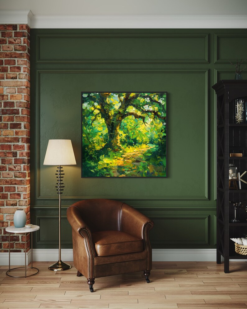 The old oak stands regal and enduring, its twisting branches like wise, outstretched arms, cloaked in a tapestry of sun-kissed leaves, creating a serene sanctuary of nature's timeless beauty.