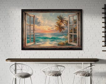 Tropical Beach Sunset Window View Print – Coastal Wall Art with Palms, Ocean Waves & Rustic Frame Effect