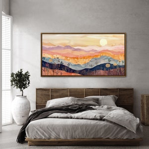 Serene rolling hills under a gentle sun, depicted in warm, soothing tones and stylized layers, evoke a sense of calm and whimsy in this pastoral landscape.