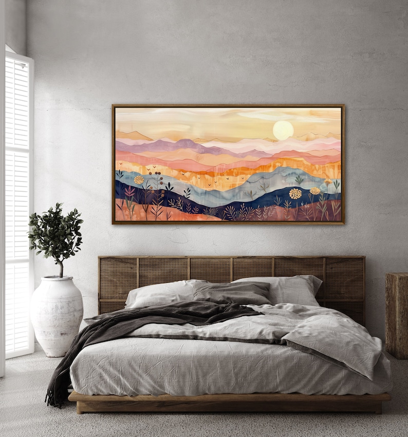 Serene rolling hills under a gentle sun, depicted in warm, soothing tones and stylized layers, evoke a sense of calm and whimsy in this pastoral landscape.