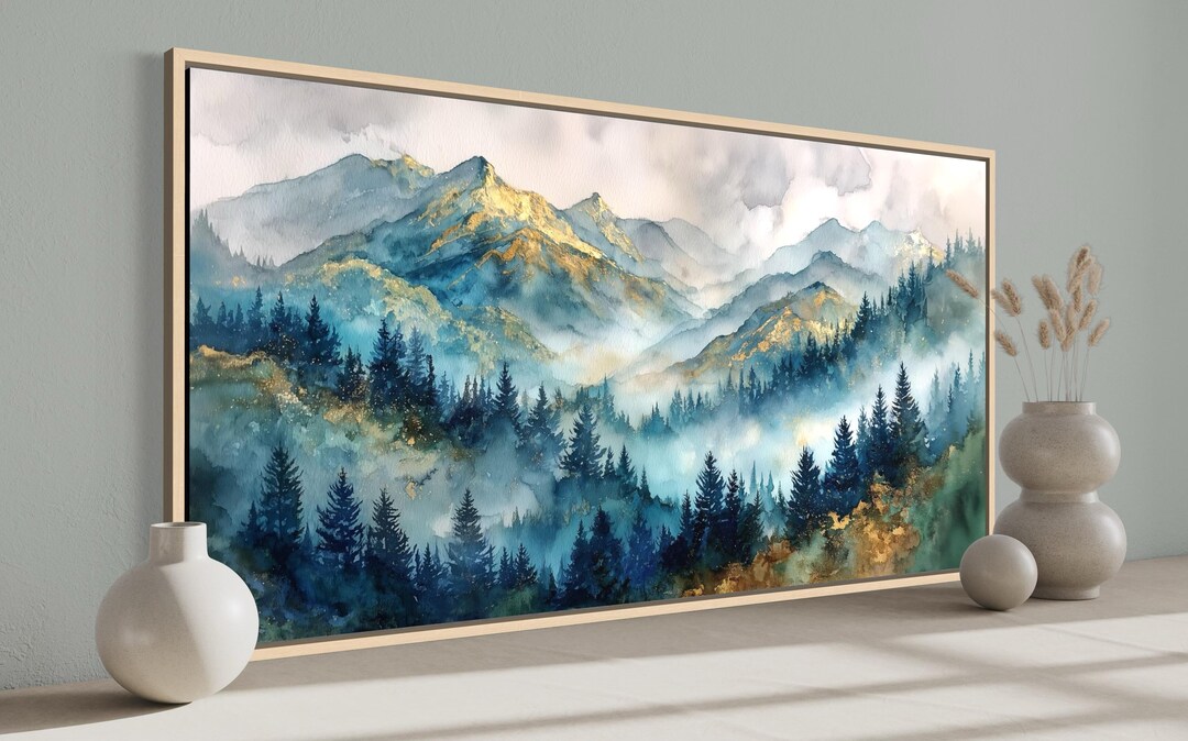 Watercolor Mountain Landscape Art Print – Misty Forest Wall Decor, Calm ...
