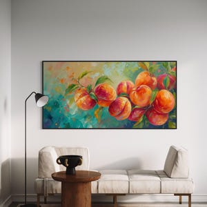 Vibrant impasto painting of succulent peaches on a branch, with vivid hues and textured strokes creating a lively, fresh look. Perfect as a statement piece