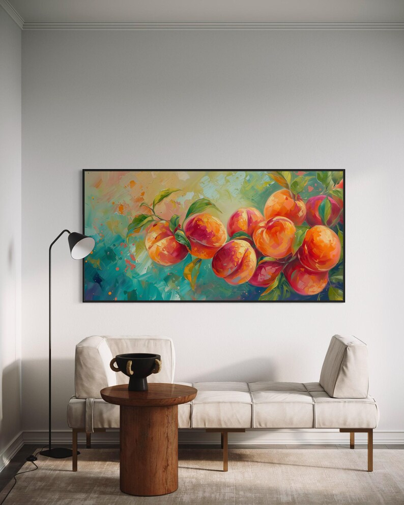 Vibrant impasto painting of succulent peaches on a branch, with vivid hues and textured strokes creating a lively, fresh look. Perfect as a statement piece