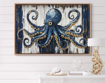 Blue Octopus Wall Art - Nautical Canvas Decor, Rustic Marine Life Print, Coastal Home Artwork for Living Room or Above Bed Decor