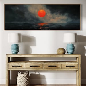 Red Sun Coastal Sunset – Panoramic Ocean Wall Art with Dramatic Vintage Sky