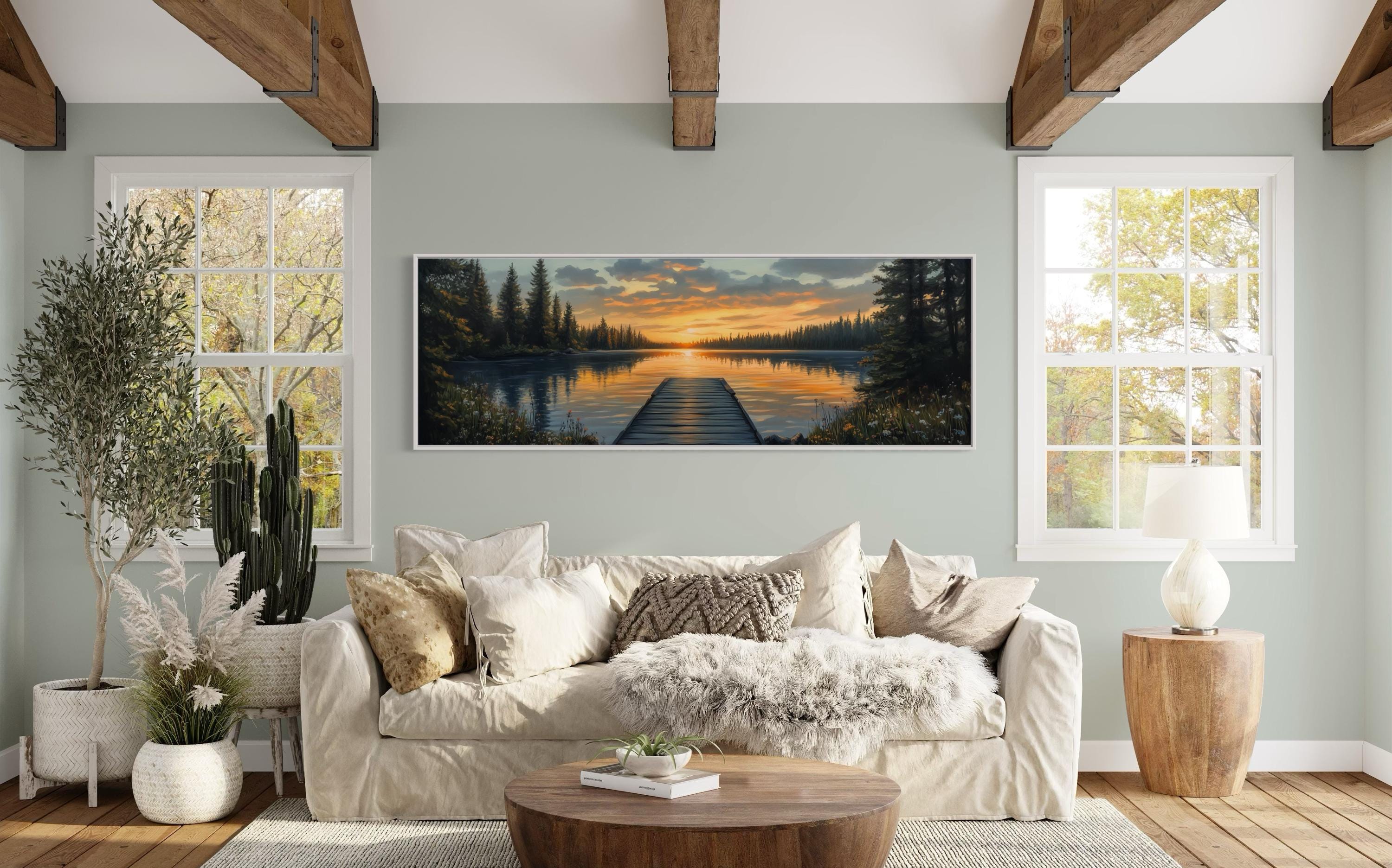 Sunset Lake Dock Art Print – Tranquil Nature Landscape Wall Art, Rustic ...