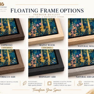 The image is a collage of six different framed artworks, each with a unique color and frame option, showcasing various floating frame options for wall art.