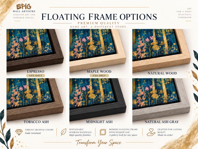 The image is a collage of six different framed artworks, each with a unique color and frame option, showcasing various floating frame options for wall art.
