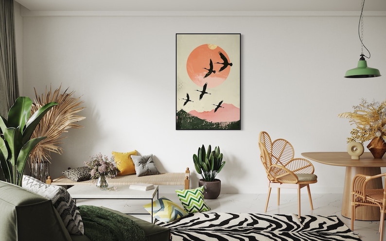 Silhouettes in Flight: A serene composition featuring cranes soaring across a textured pink sunset, their graceful forms framed against a full moon.