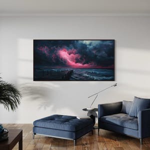 This dramatic storm canvas captures a dark ocean scene with a striking pink lightning sky over a wooden pier. The moody waves and vibrant storm clouds create a bold statement piece. Perfect for lovers of dramatic nature art, coastal décor.