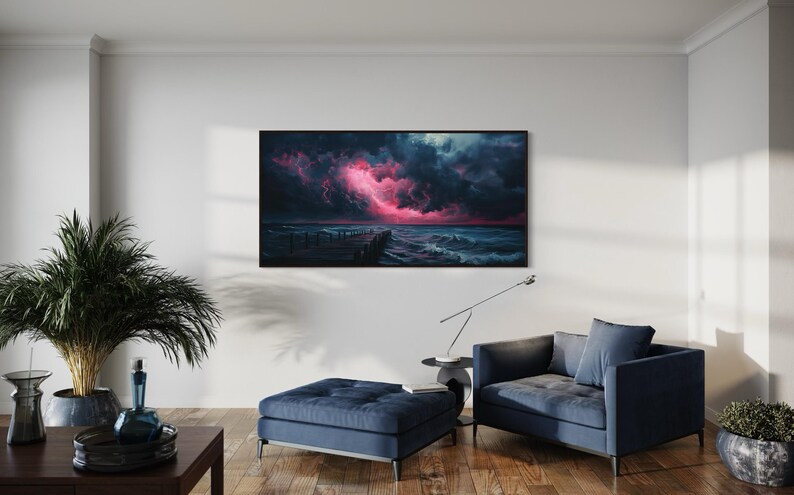 This dramatic storm canvas captures a dark ocean scene with a striking pink lightning sky over a wooden pier. The moody waves and vibrant storm clouds create a bold statement piece. Perfect for lovers of dramatic nature art, coastal décor.