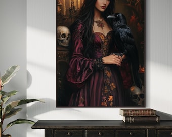 Victorian Raven Wall Art - Gothic Gothic Frau Leinwanddruck mit dunkelromantischer Kerzenlicht-Stimmung