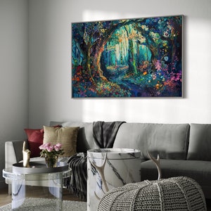 The enchanting woodland scene, ablaze with vibrant, whimsical colours, invites viewers into a magical forest where flora and fantasy intertwine.