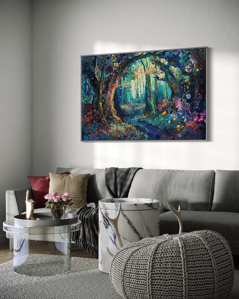 The enchanting woodland scene, ablaze with vibrant, whimsical colours, invites viewers into a magical forest where flora and fantasy intertwine.