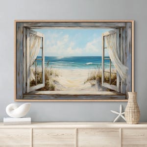 Coastal Window View Canvas – Serene Beach Wall Art, Nautical Home Decor, Breezy Curtains Seascape Print for Living Room or Bedroom