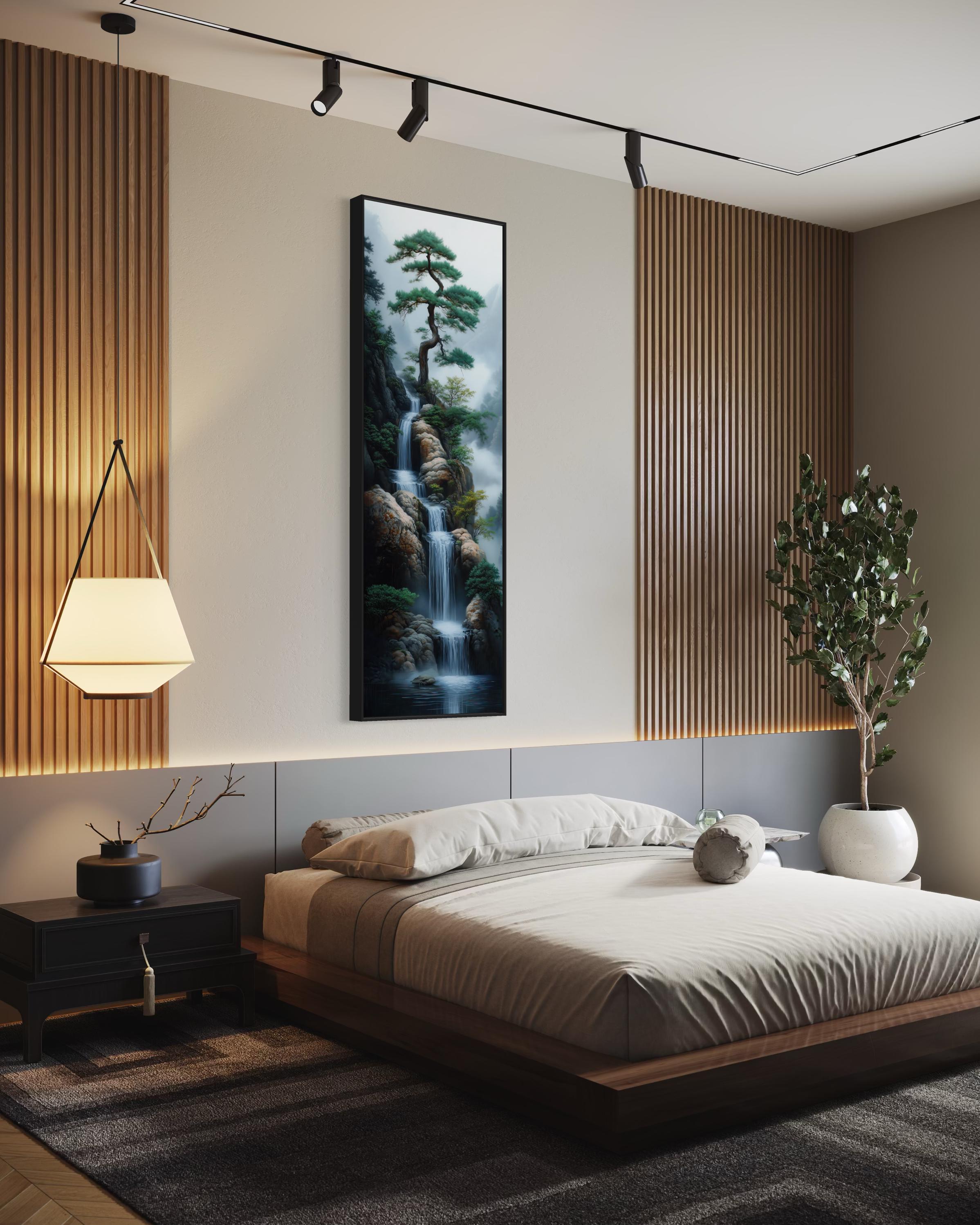 Zen Waterfall Wall Art - Tall Vertical Japanese Landscape Print With ...