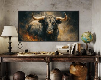 Bull Wall Art Print – Spanish Bull Painting, Masculine Animal Decor, Rustic Farmhouse Wall Art, Bold Western Man Cave Artwork