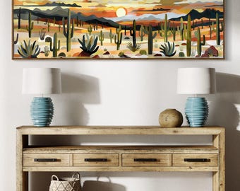 Boho Desert Sunset - Panoramic Cactus Landscape Print, Colorful Boho Wall Art for Above Bed Decor and Southwest Succulent Wall Decor