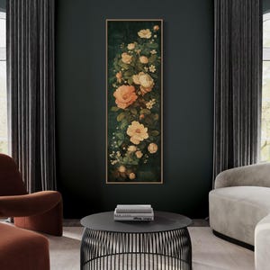 Adorn your space with this elegant vintage-style floral tapestry featuring soft, blooming roses and delicate leaves against a dark, textured background. A timeless addition to bring a touch of classic beauty to any room.