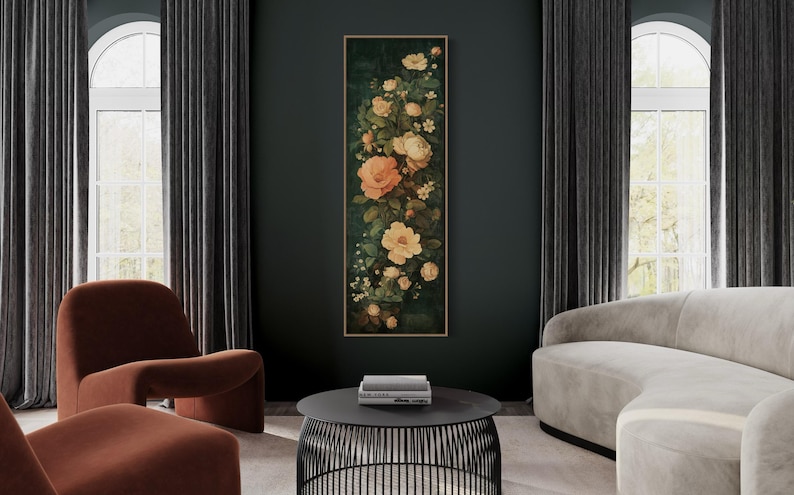 Adorn your space with this elegant vintage-style floral tapestry featuring soft, blooming roses and delicate leaves against a dark, textured background. A timeless addition to bring a touch of classic beauty to any room.