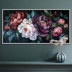 Midnight Bloom - A lush display of peonies in rich purples and delicate pinks, set against a deep, dark backdrop, exuding elegance and drama.