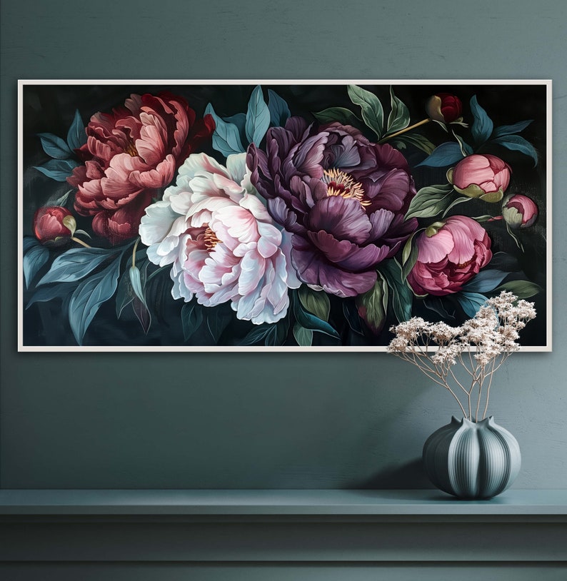 Midnight Bloom - A lush display of peonies in rich purples and delicate pinks, set against a deep, dark backdrop, exuding elegance and drama.