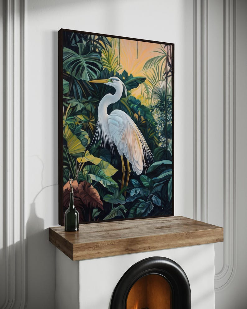 This canvas print captures a majestic heron standing amidst lush tropical foliage, illuminated by a soft, golden sunrise. Its detailed portrayal and vibrant setting make it a striking piece for any nature or bird enthusiast's collection.
