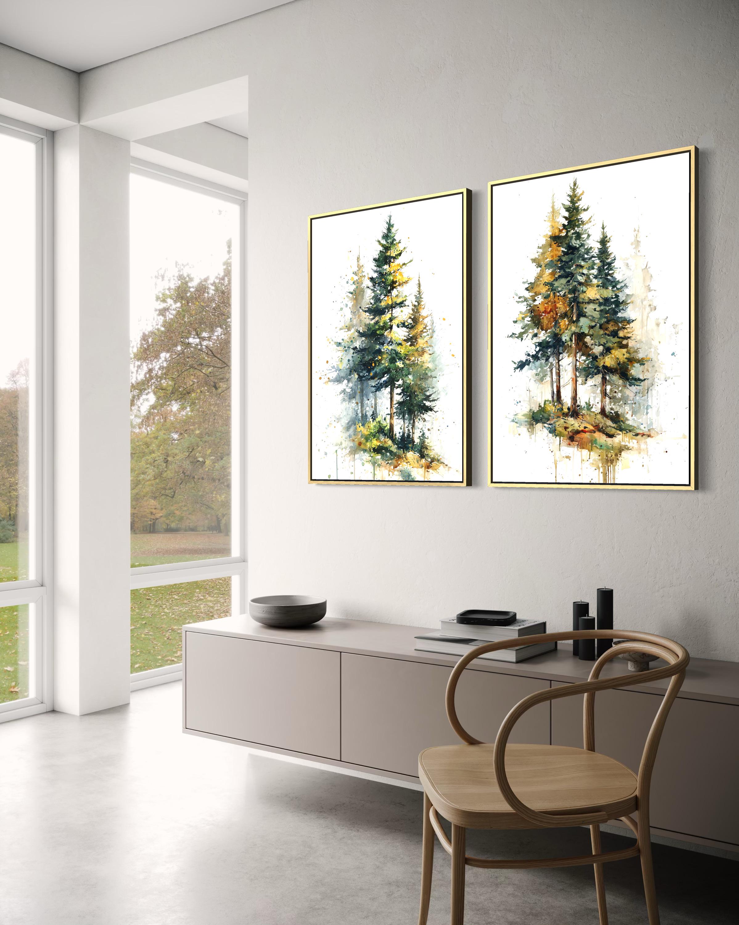 Set of 2 Pine Tree Wall Art – Watercolor Forest Decor, Evergreen Nature ...