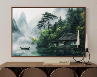 禅の中国風景画プリント – 霧深い山々、鶴、湖畔の家の壁掛けアート