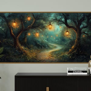 Enchanted Forest Pathway Print – Fantasy Lantern Wall Art, Whimsical Woodland Decor, Mystical Fairytale Landscape Poster