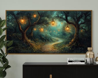Enchanted Forest Pathway Art – Mystical Woodland Lantern Art Print for Fairytale Decor