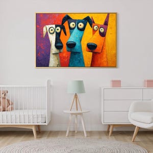 Colorful modern dog art print featuring three quirky cartoon-style dogs with big round eyes and long snouts. Vibrant palette of orange, teal, yellow, purple, and cream creates a fun pop-art look. A playful wall decor piece perfect for kids’ rooms, dog lovers, funky living rooms, vet offices, or eclectic gallery walls. (Print only, no texture.)