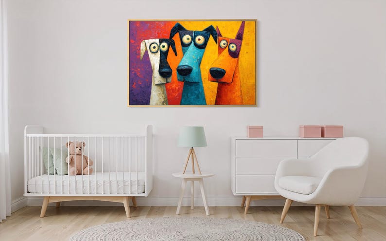 Colorful modern dog art print featuring three quirky cartoon-style dogs with big round eyes and long snouts. Vibrant palette of orange, teal, yellow, purple, and cream creates a fun pop-art look. A playful wall decor piece perfect for kids’ rooms, dog lovers, funky living rooms, vet offices, or eclectic gallery walls. (Print only, no texture.)