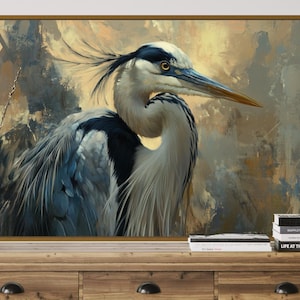 Grande airone azzurro - Tela con uccello sereno, stampa naturalistica della fauna selvatica, arredamento rustico per case sul lago, opera d&#39;arte pacifica per il soggiorno