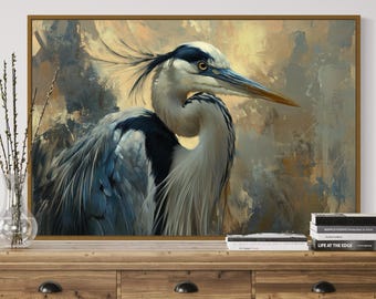 Great Blue Heron Wall Art - Serene Bird Canvas, Wildlife Nature Print, Rustic Lake House Decor, Peaceful Artwork for Living Room
