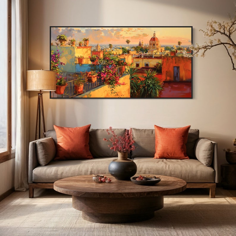 This colorful painting shows a Mexican city at sunset with terracotta rooftops, blooming bougainvillea, and church domes. The warm hues and intricate details evoke the charm and beauty of a picturesque Mexican town, perfect for cultural decor.