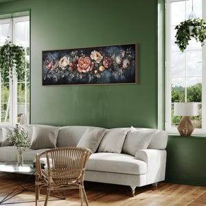 This Victorian-inspired floral canvas art showcases a stunning arrangement of roses in soft pink, cream, and deep red hues. Set against a moody dark blue background, it exudes timeless elegance and romantic charm.