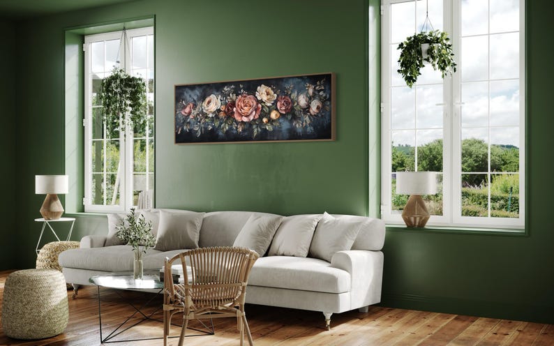 This Victorian-inspired floral canvas art showcases a stunning arrangement of roses in soft pink, cream, and deep red hues. Set against a moody dark blue background, it exudes timeless elegance and romantic charm.