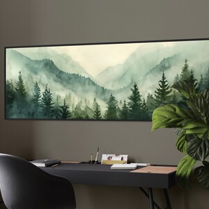 Misty Mountain Serenity: A dreamy vista where lush evergreens pierce through the soft veil of morning mist, creating layers of tranquil beauty.