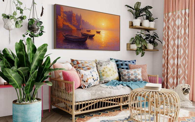 This breathtaking canvas print captures the beauty of the Ganges River at sunrise. The golden light reflects off the calm water, creating a peaceful and spiritual scene. This artwork brings a sense of tranquility and cultural richness to any space.