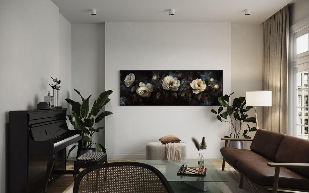 Moody Botanical Art Print - Dark Floral Panoramic Wall Art for Above ...