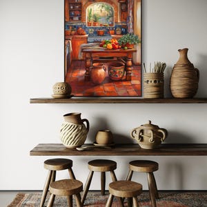 This vibrant art print captures a cozy Mexican kitchen filled with warm terracotta tones, rustic wooden furniture, and colorful tiles. Fresh produce, hanging plants, and pottery create a welcoming, homely feel. A perfect piece for farmhouse.