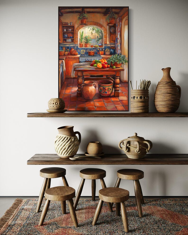 This vibrant art print captures a cozy Mexican kitchen filled with warm terracotta tones, rustic wooden furniture, and colorful tiles. Fresh produce, hanging plants, and pottery create a welcoming, homely feel. A perfect piece for farmhouse.