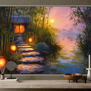 Serene Sunset Japanese Wall Art - Zen Garden Canvas with Bamboo and Lily Pad Pond, Relaxing Meditation Poster for Yoga Studio Decor
