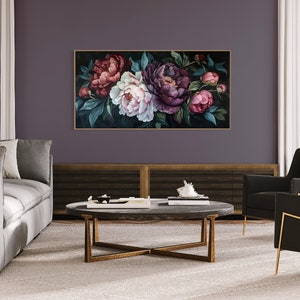 Midnight Bloom - A lush display of peonies in rich purples and delicate pinks, set against a deep, dark backdrop, exuding elegance and drama.
