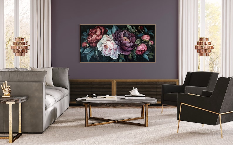 Midnight Bloom - A lush display of peonies in rich purples and delicate pinks, set against a deep, dark backdrop, exuding elegance and drama.
