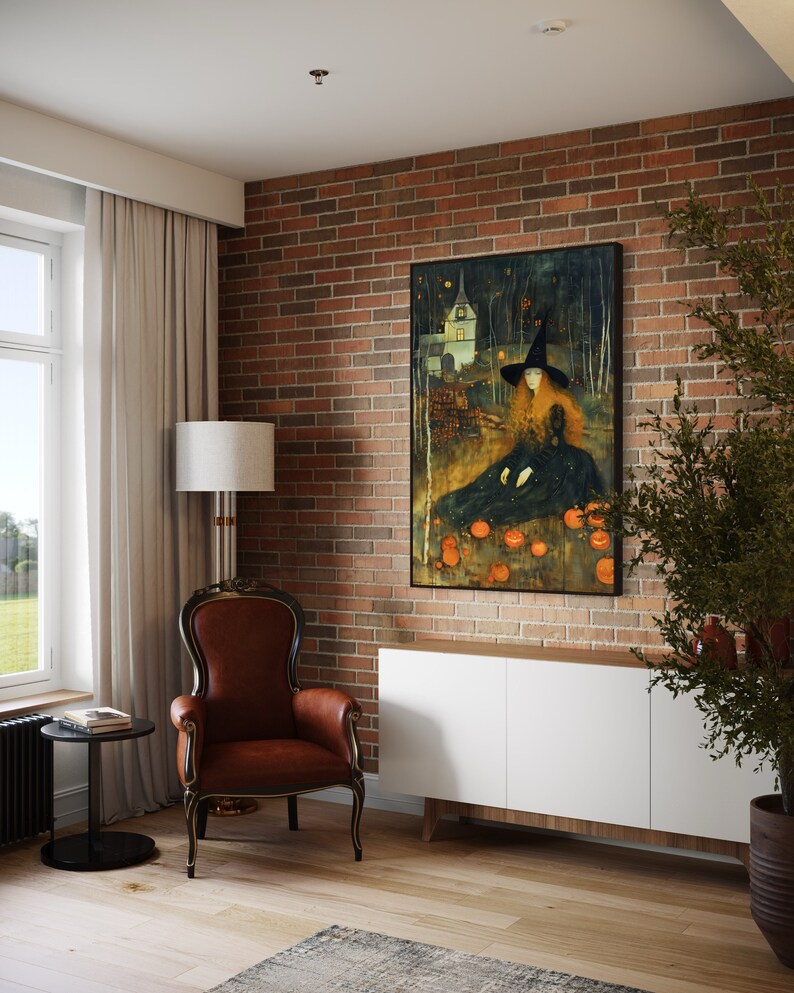Captivating artwork of a witch in a mystical forest, surrounded by glowing pumpkins and an enchanted cottage, evoking a spellbinding Halloween night.